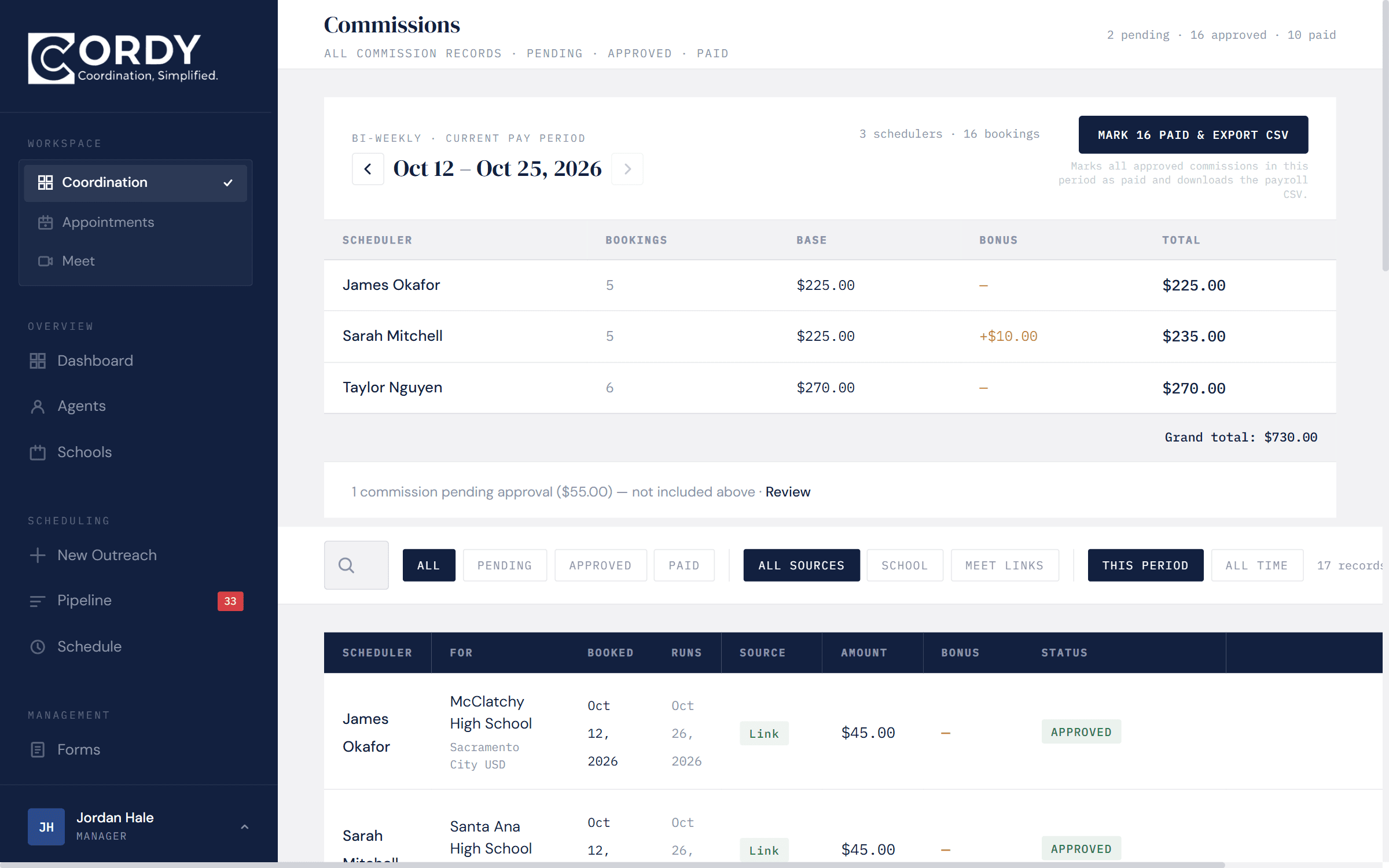 Commissions with a payroll cycle and approved, pending and bonus rows