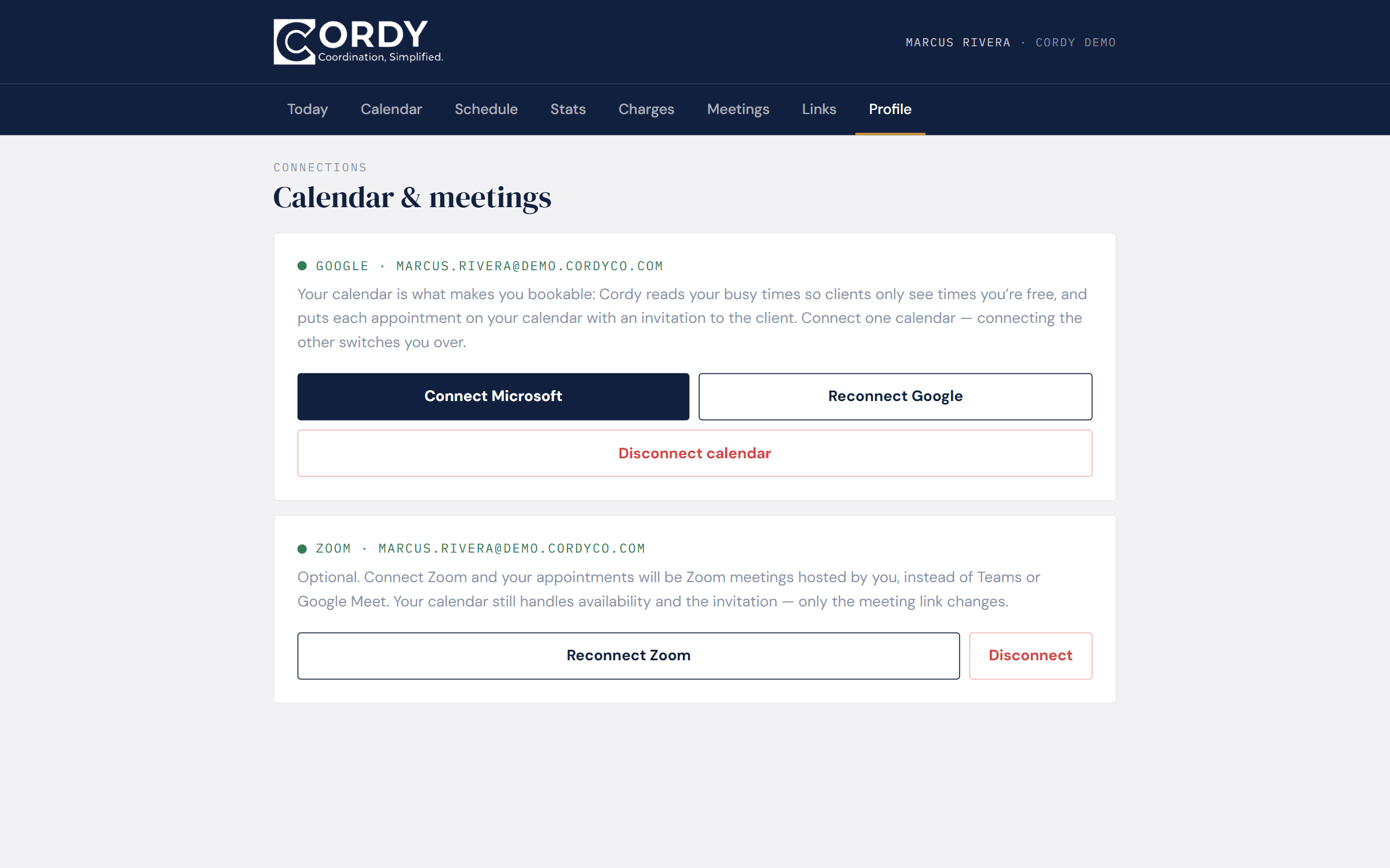 The advisor connection page with Microsoft, Google and Zoom