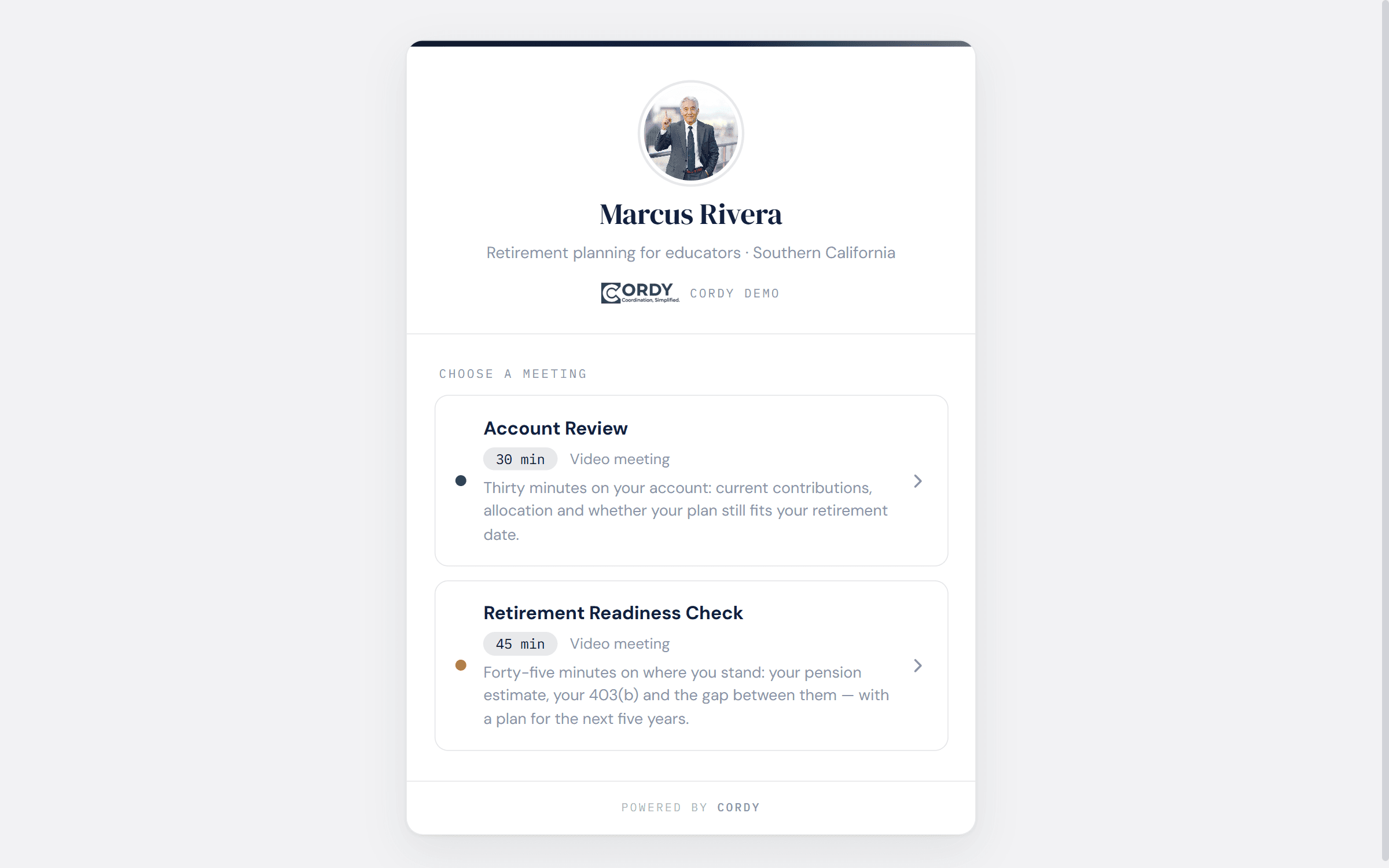 An advisor’s personal Meet page with two meeting types