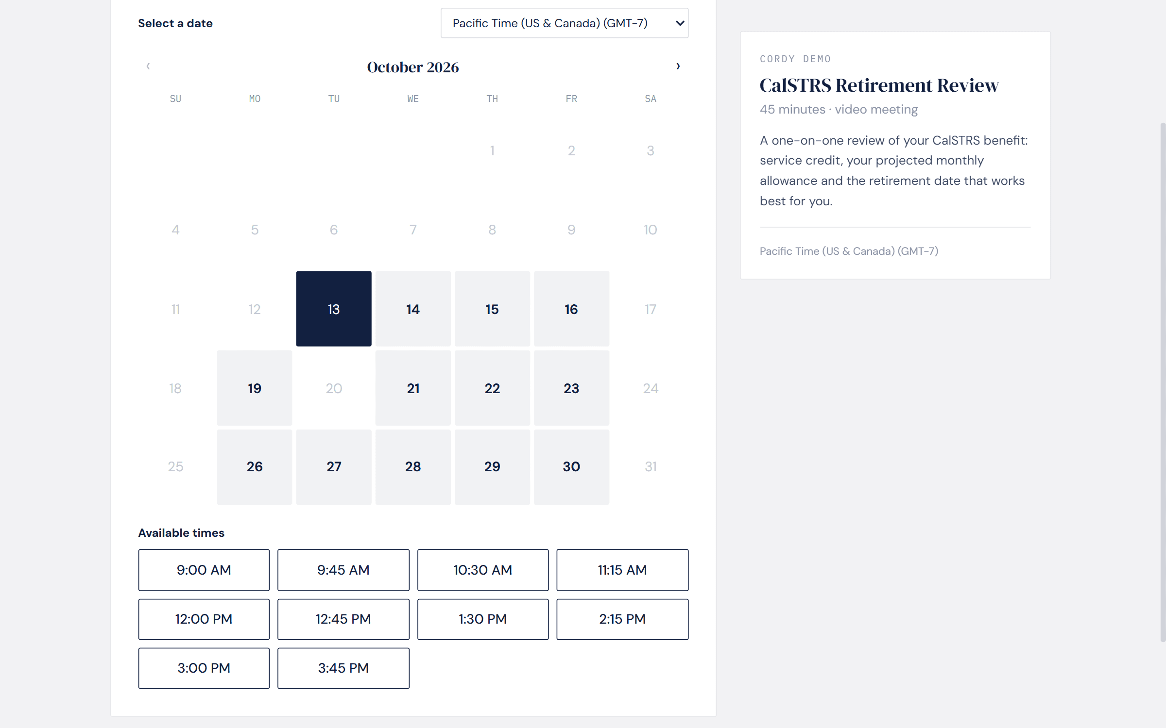 An appointment booking page with the time picker