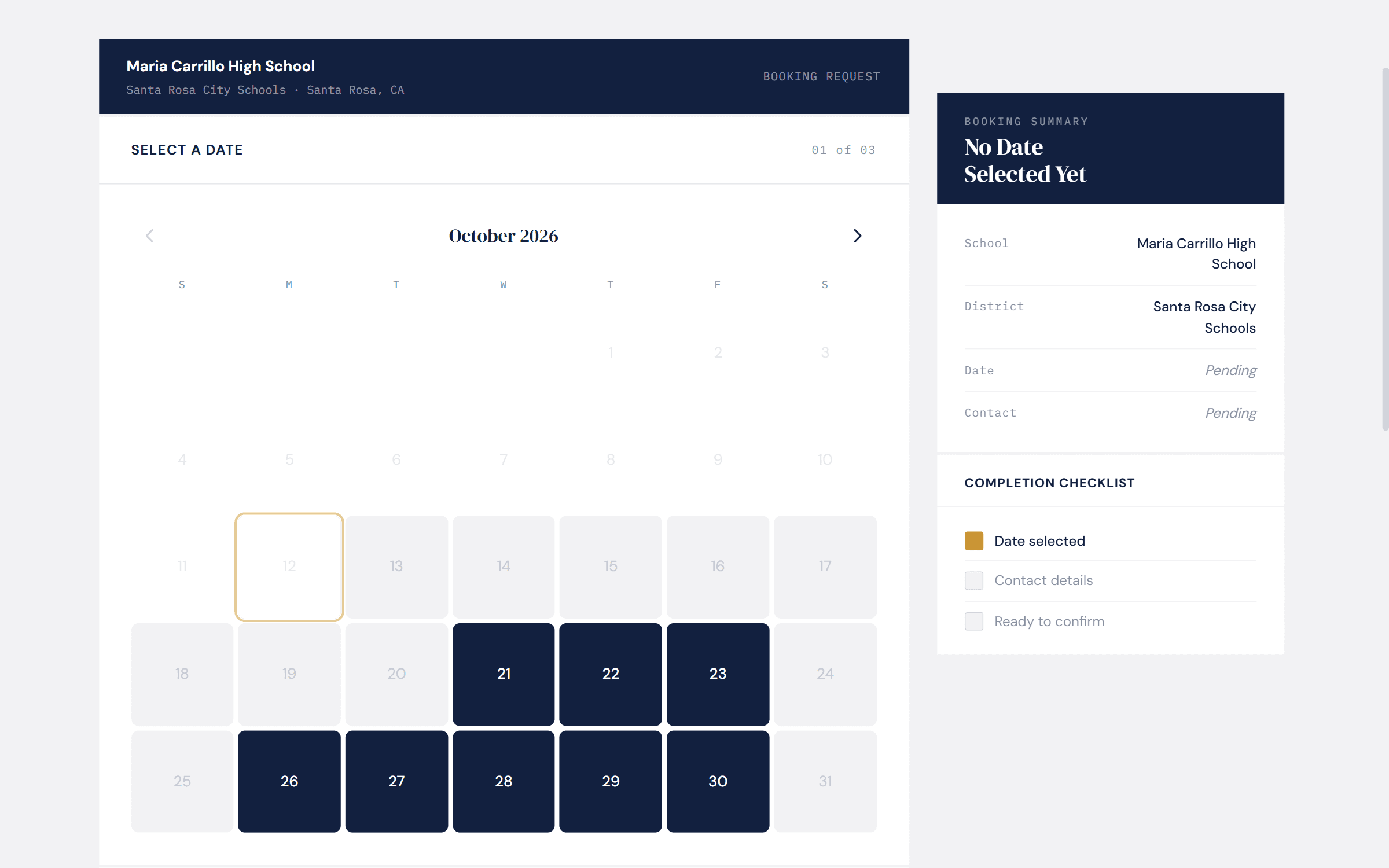 A public scheduling link where a school picks a date
