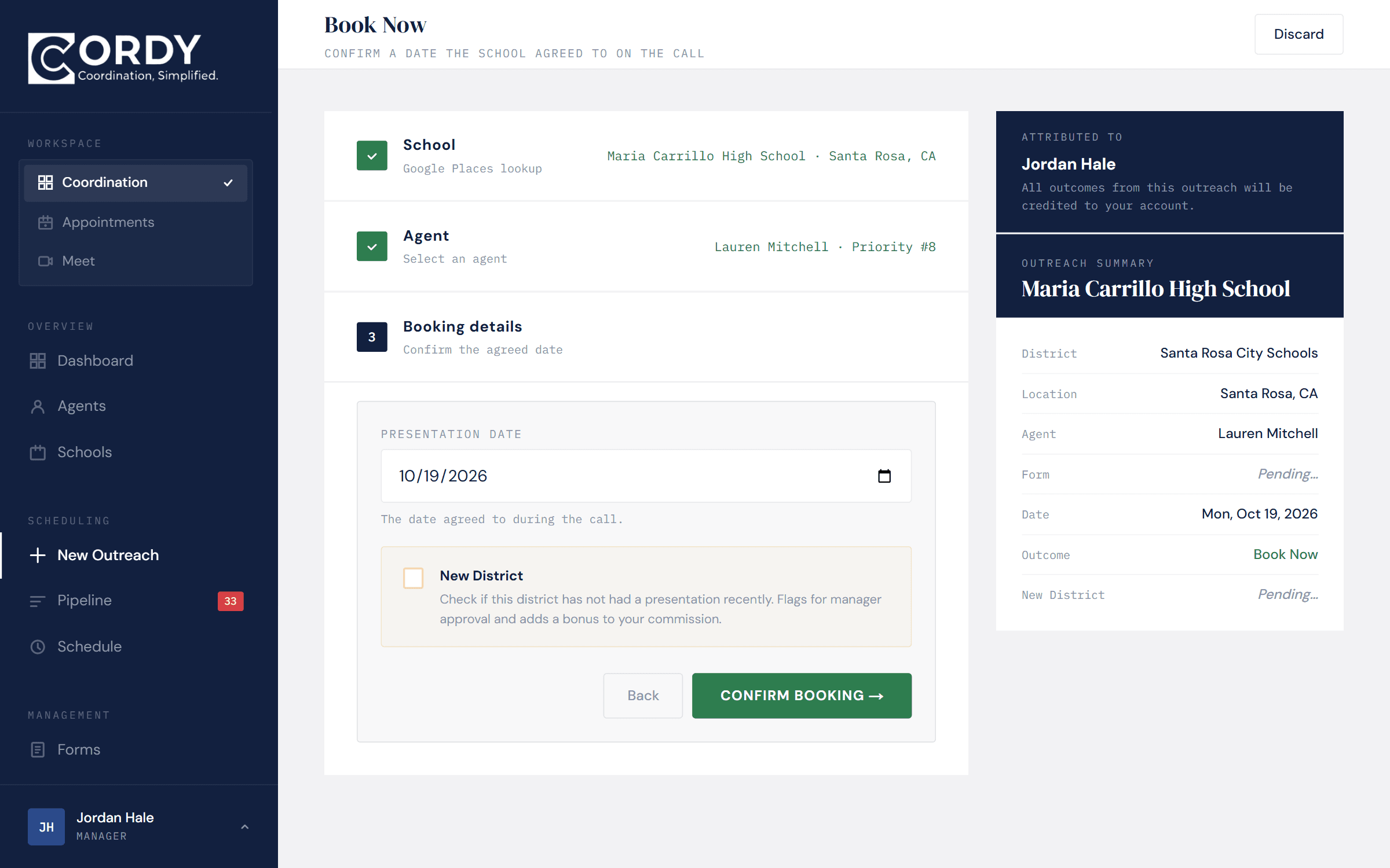 The outreach flow at the book-now or send-a-link step